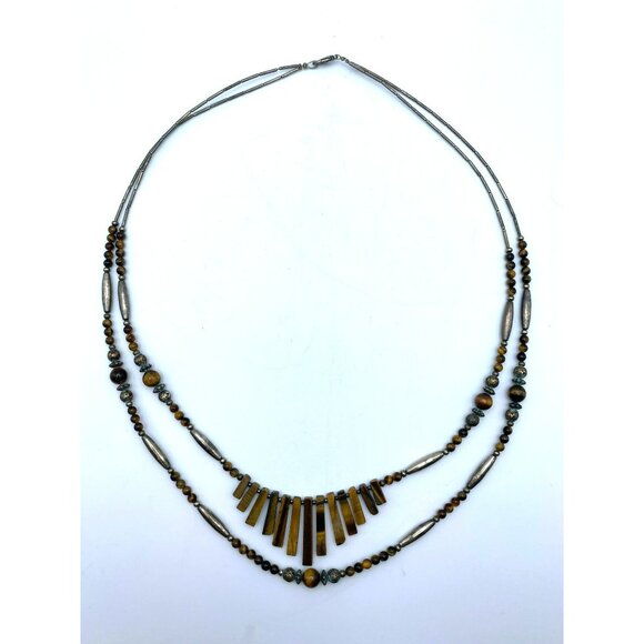Vintage Tigers Eye & Silver Double Strand Beaded Hand Crafted Statement Necklace - Picture 8 of 9